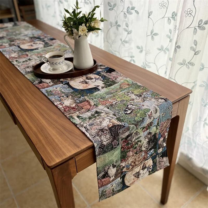 Cotton Linen Blend Table Runner with Floral Cat Print for Home Decor