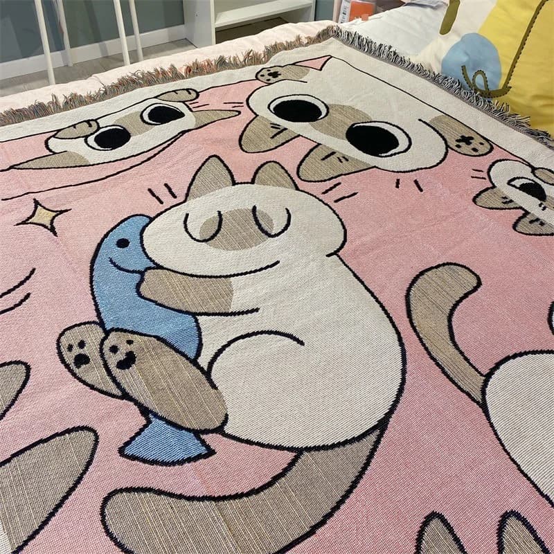 Pink Cartoon Cat Sofa Throw Blanket for Single Seat Couch