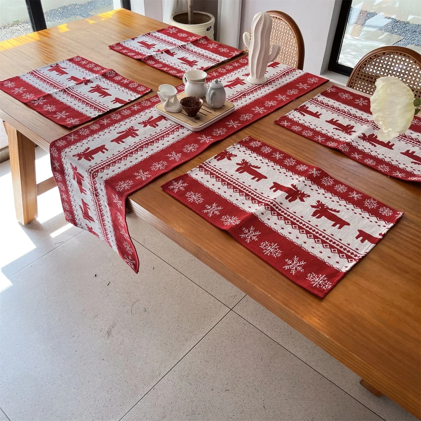 Nordic Christmas Table Runner and Placemat Set Polyester Cotton Blend