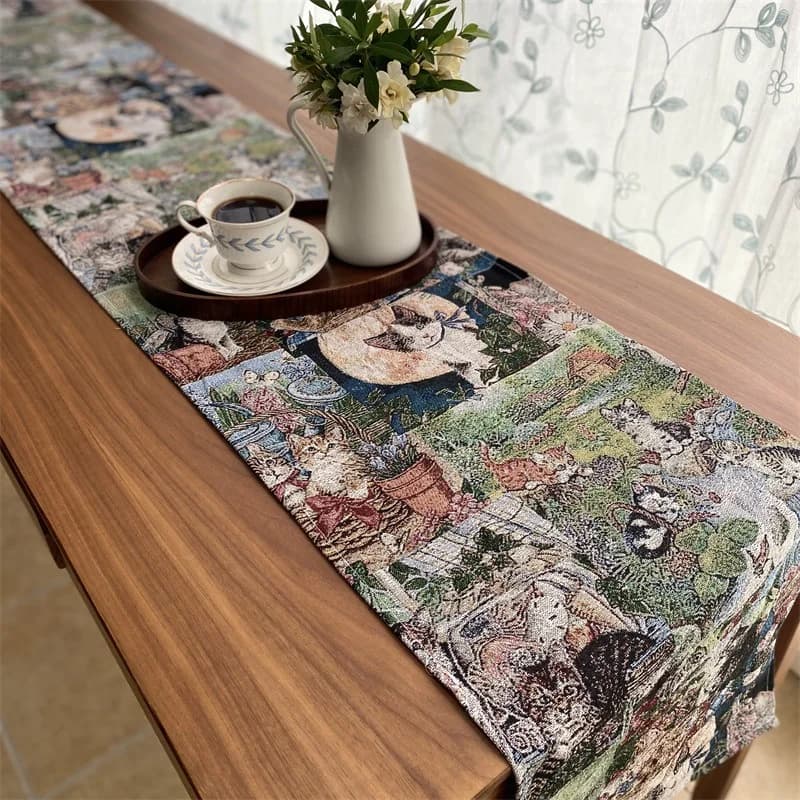 Cotton Linen Blend Table Runner with Floral Cat Print for Home Decor