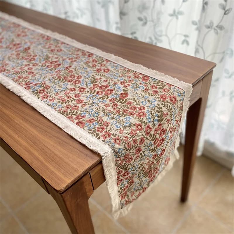 Floral Table Runner Cotton Blend Fabric for Dining Table Decor