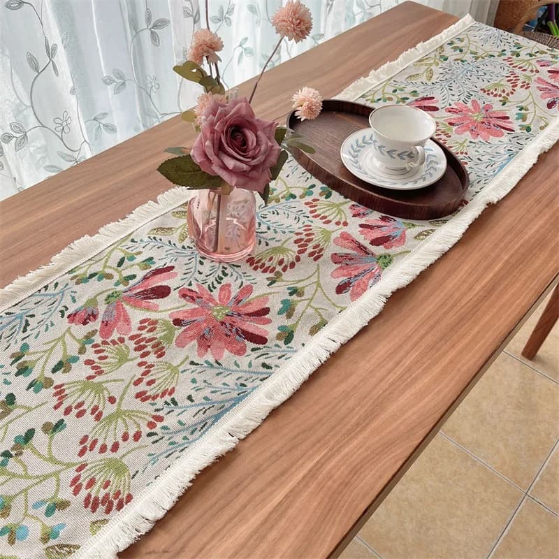 Nordic Style Cotton Blend Table Runner with Floral Pattern