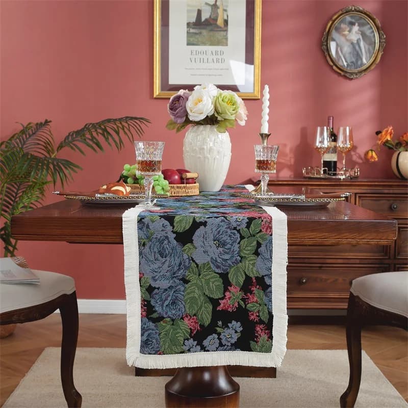 Oil Painting Style Cotton Linen Blend Table Runner for Dining Decor