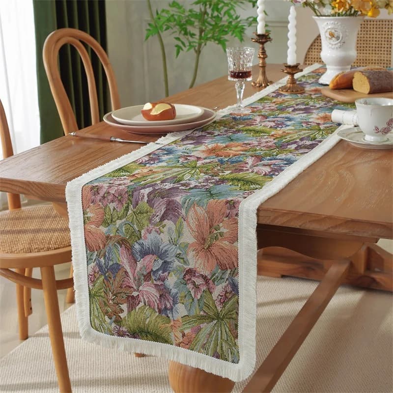 Floral Table Runner Cotton Blend Decorative Cloth for Dining