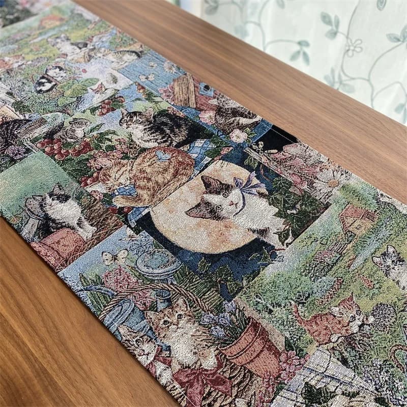 Cotton Linen Blend Table Runner with Floral Cat Print for Home Decor