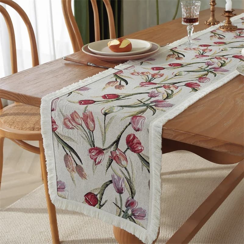 American Country Floral Cotton Linen Table Runner with Tassels