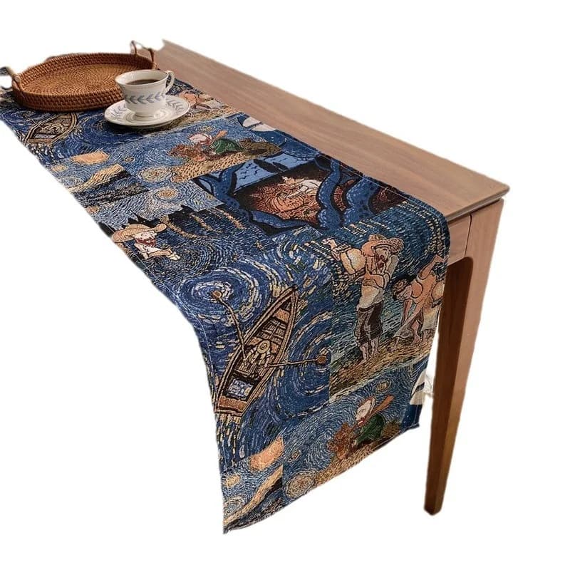 Van Gogh Style Cotton Linen Blend Table Runner for Home Decor