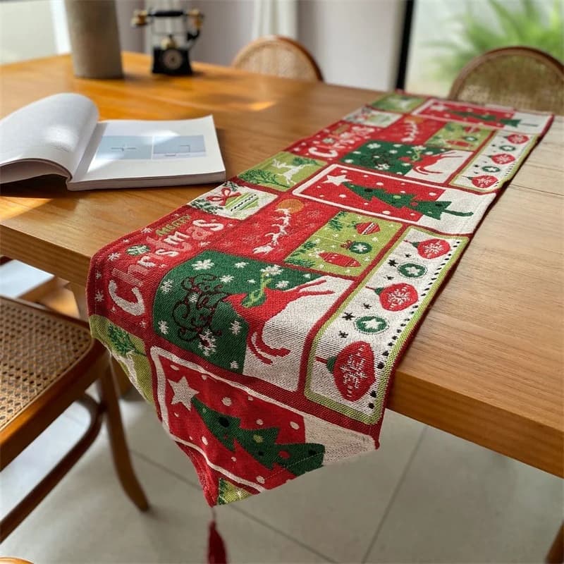 Christmas Table Runner Cotton Linen Blend Holiday Decor for Dining
