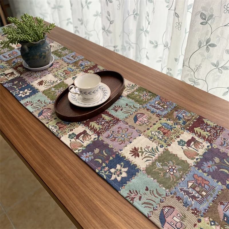 Cotton Linen Blend Table Runner Rustic Floral Butterfly Decor