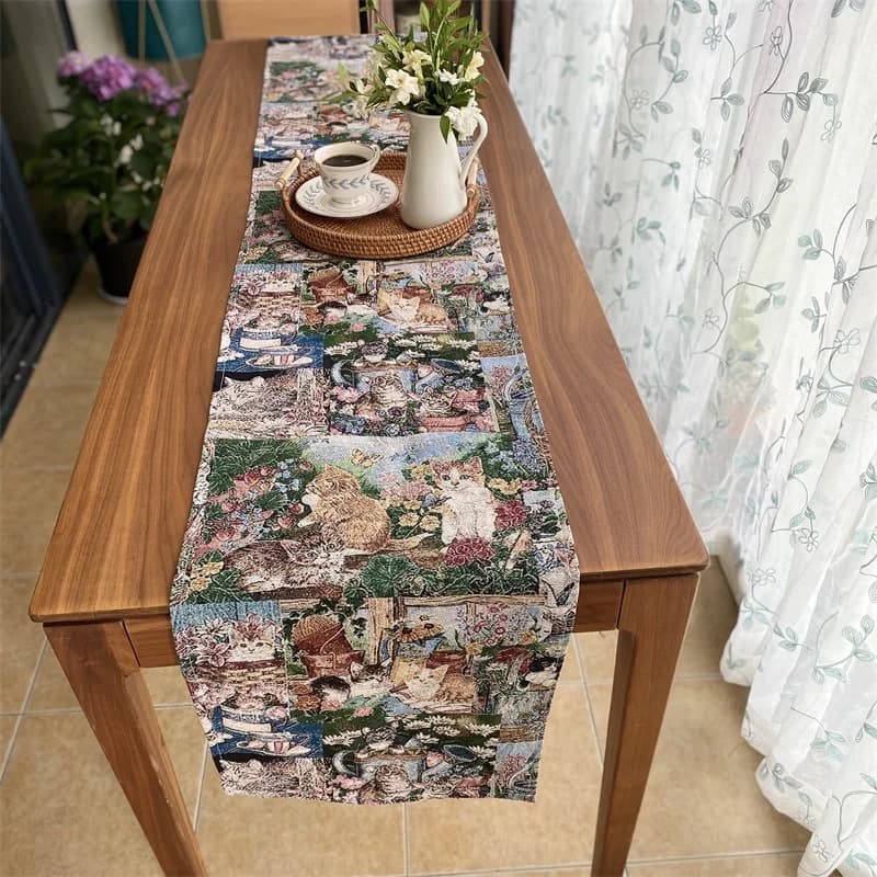 Cotton Linen Blend Table Runner with Floral Cat Print for Home Decor