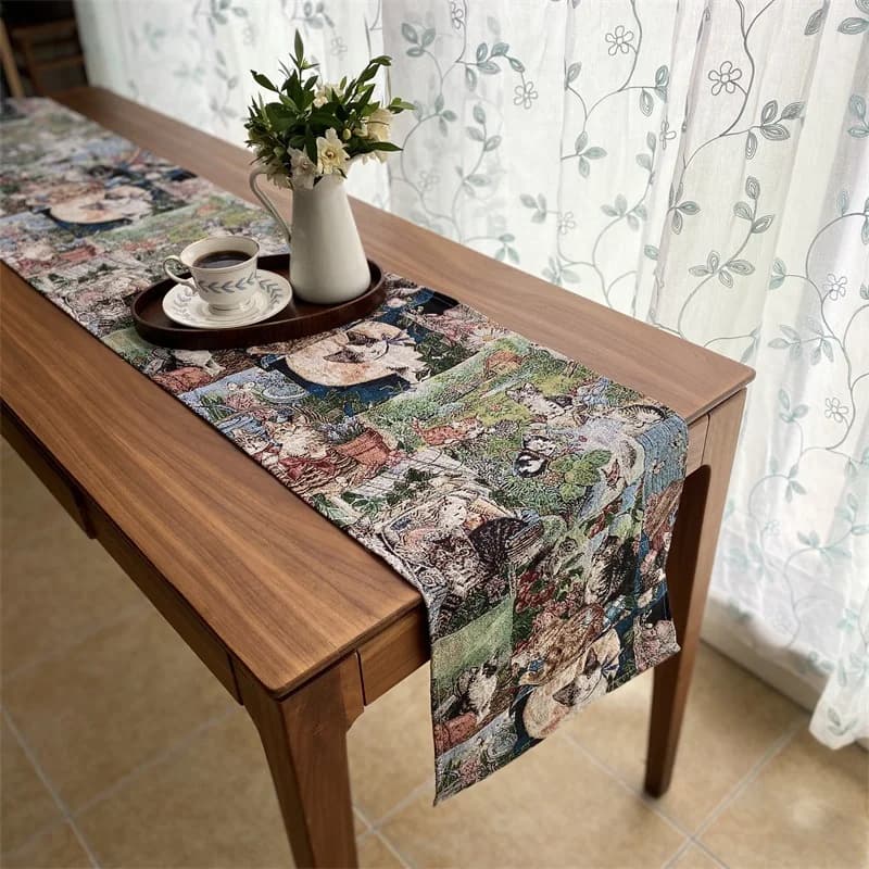 Cotton Linen Blend Table Runner with Floral Cat Print for Home Decor