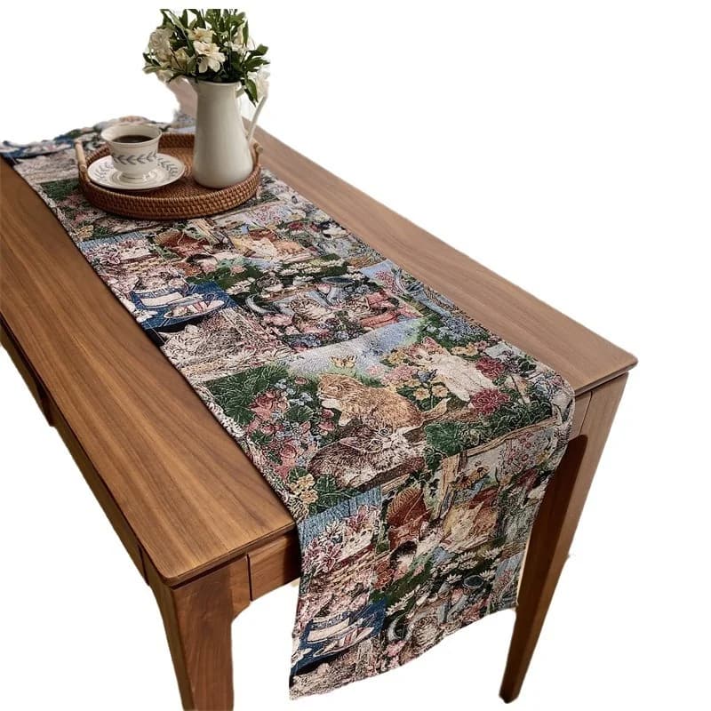 Cotton Linen Blend Table Runner with Floral Cat Print for Home Decor