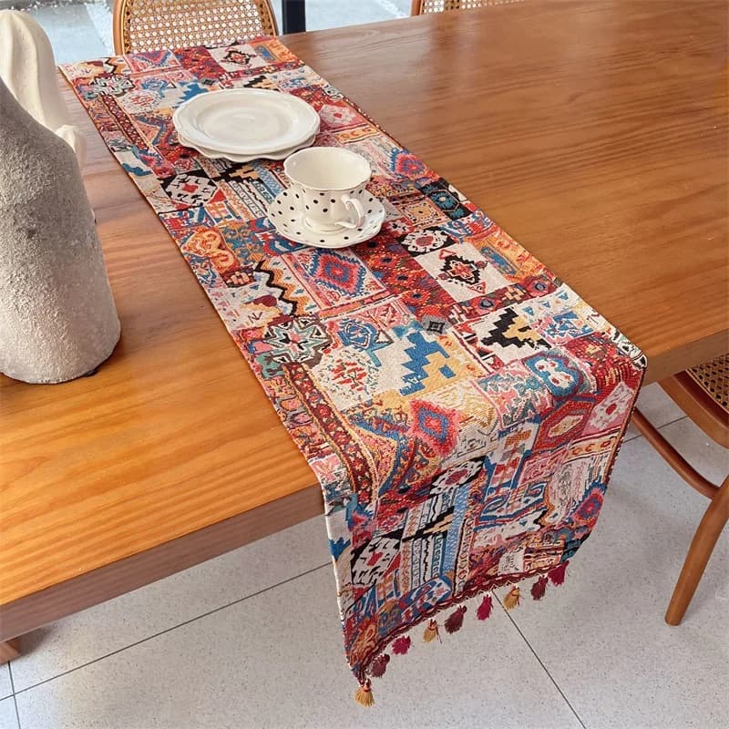 Bohemian Cotton Blend Table Runner with Geometric Pattern for Dining