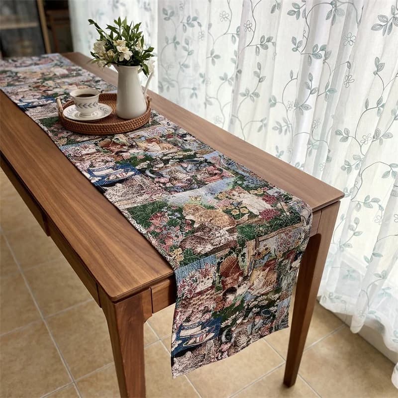 Cotton Linen Blend Table Runner with Floral Cat Print for Home Decor