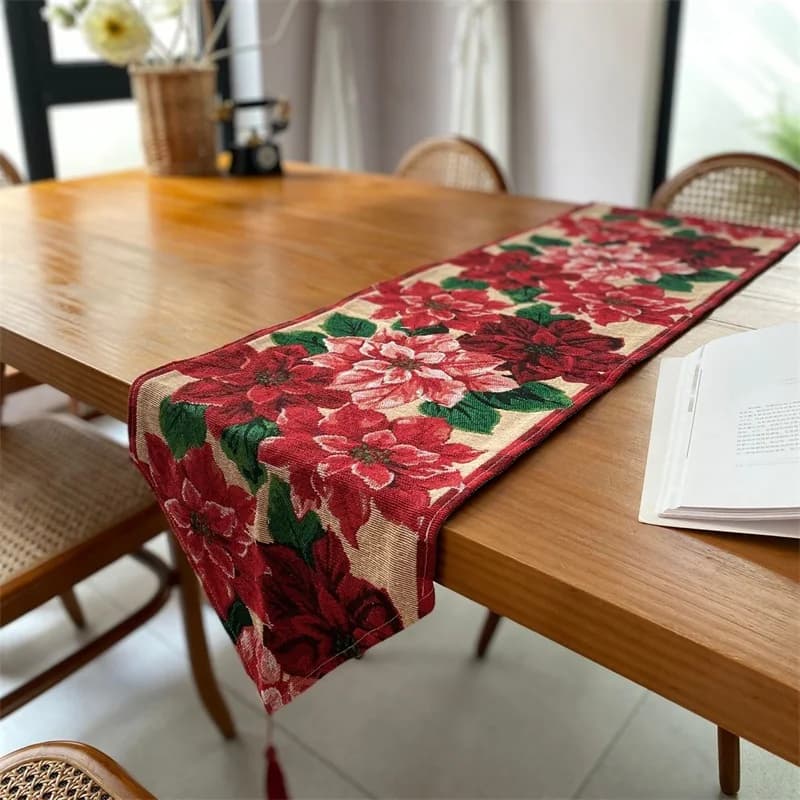 Christmas Table Runner Poinsettia Oil Painting Style Festive Decor